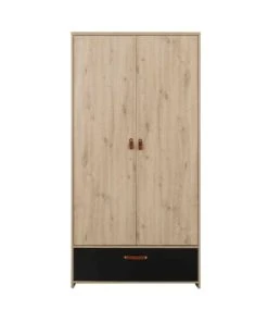 Terre De Nuit Armoire 2 Portes 1 Tiroir En Bois Imitation Chêne Clair Et Noir 200cm