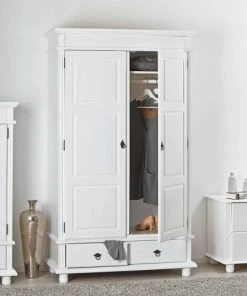 Altobuy Armoire 2 Portes 2 Tiroirs Bois Massif Vernis Blanc -Maisons du Monde boutique armoire 2 portes 2 tiroirs bois massif vernis blanc 4