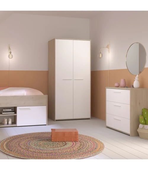 CALICOSY Armoire 2 Portes Avec Penderie L90.2 X H186 Cm - Décor Blanc Et Bois 4 CALICOSY Armoire 2 Portes Avec Penderie L90.2 X H186 Cm - Décor Blanc Et Bois – Image 2