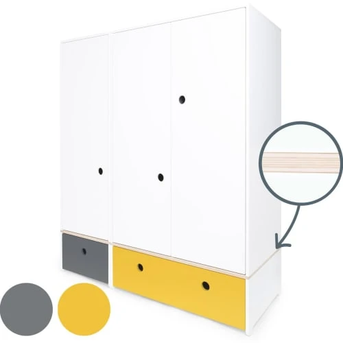 Wookids Armoire 3 Portes Façades Tiroirs Gris Espace-jaune 4 Wookids Armoire 3 Portes Façades Tiroirs Gris Espace-jaune - Image 2