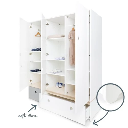 Wookids Armoire 3 Portes Façades Tiroirs Gris Perle-blanc 5 Wookids Armoire 3 Portes Façades Tiroirs Gris Perle-blanc – Image 3