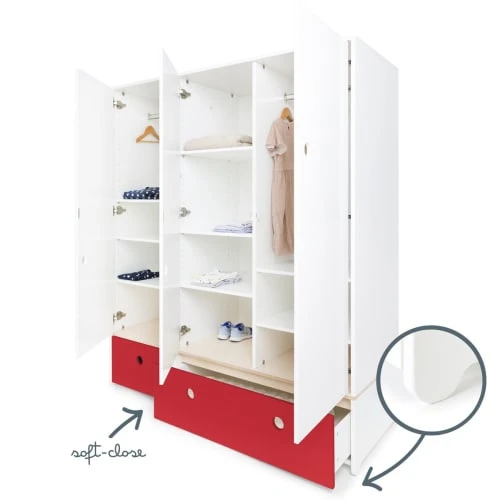 Wookids Armoire 3 Portes Façades Tiroirs Rouge 5 Wookids Armoire 3 Portes Façades Tiroirs Rouge - Image 3