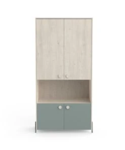 CALICOSY Armoire Enfant 4 Portes Avec Penderie, Décor Bois Et Vert - L89 Cm
