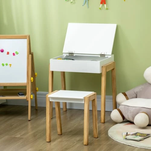 HOMCOM Bureau Enfant Scandinave - Tabouret, Case - Blanc Aspect Bois Clair 4 HOMCOM Bureau Enfant Scandinave - Tabouret, Case - Blanc Aspect Bois Clair – Image 2