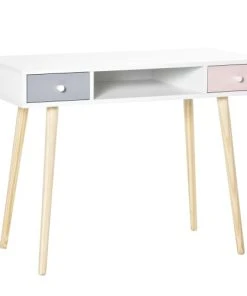 HOMCOM Bureau Enfant Style Scandinave 2 Tiroirs Et 1 Niche Blanc