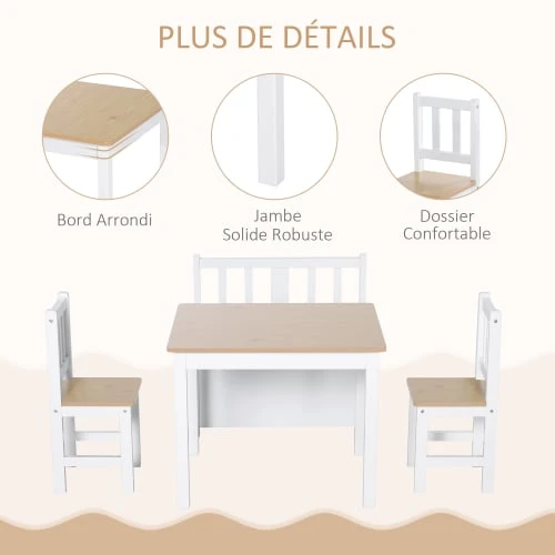 HOMCOM Ensemble De Table Et Chaises Enfant De 4 Pièces Blanc Bois Clair 6 HOMCOM Ensemble De Table Et Chaises Enfant De 4 Pièces Blanc Bois Clair - Image 5