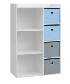 Wadiga Meuble De Rangement Chambre Enfant Blanche 4 Paniers Bleus Et Gris